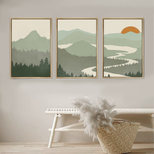 Abstract Landscape Sage Green Art | Boho Mountain Embroidery | Sun Mountain River Poster | Wall Art | Wall Embroidery Textile