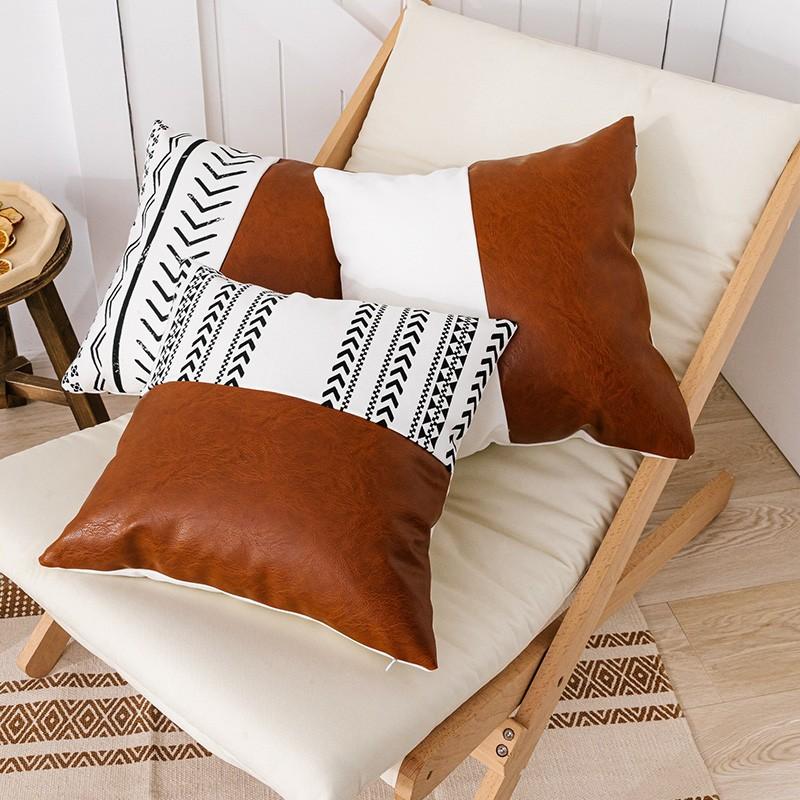 Patchwork Printed And Leather Cushion Covers